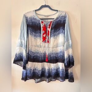 John Mark Womens 1X Peasant Tunic Top Tie Dye Ombré Blue Red Boho Vacation Flowy